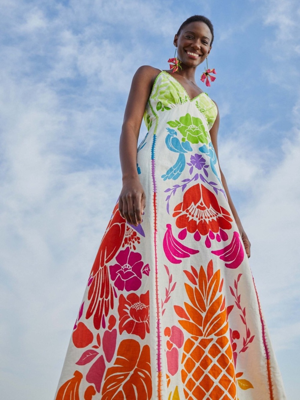 FARM Rio Colorful Tropical Pineapple Graphic Linen Blend Strappy Maxi Dress S - Picture 16 of 16